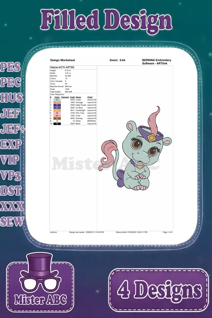Detailed design worksheet for the enchanting unicorn-cat embroidery, showing stitch count, colors, and hoop size.