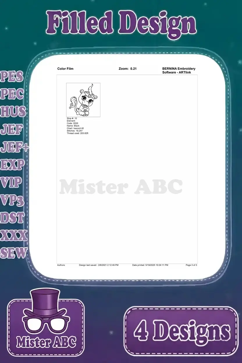 Concluding color film stages for the unicorn-cat embroidery design, showing the final thread stops and outline.