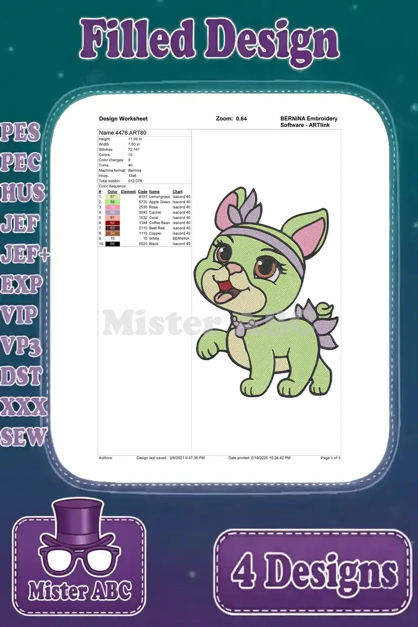Detailed design worksheet for a cute green cartoon puppy embroidery, showing stitch count, color changes, and dimensions.