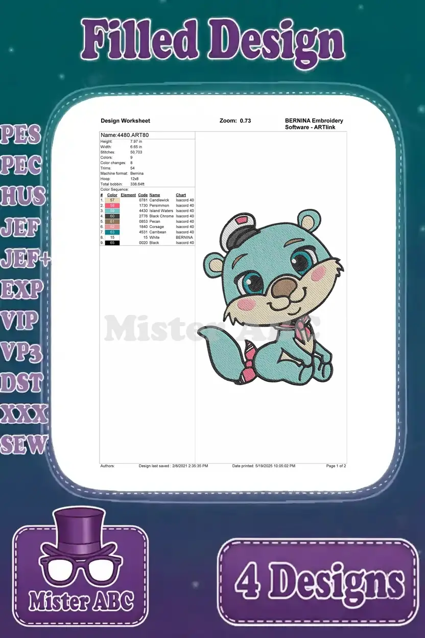 Detailed design worksheet for an adorable blue cartoon otter/beaver embroidery, showing stitch count, color changes, and dimensions.