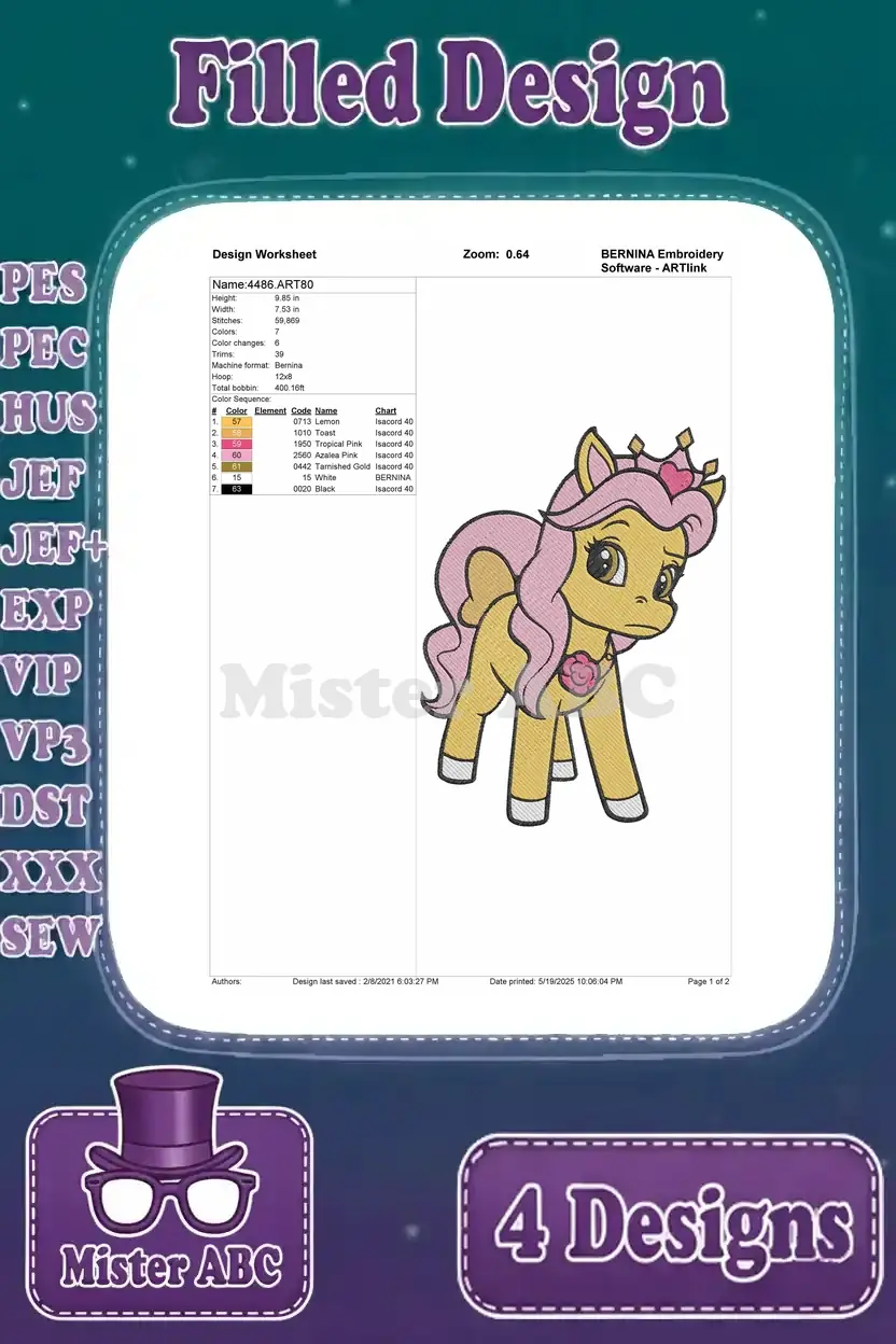 Detailed design worksheet for the left-facing crowned pony embroidery, showing stitch count, colors, and sequence.
