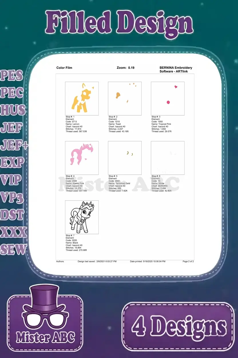 Color film breakdown illustrating the individual stitch layers and thread stops for the left-facing crowned pony design.