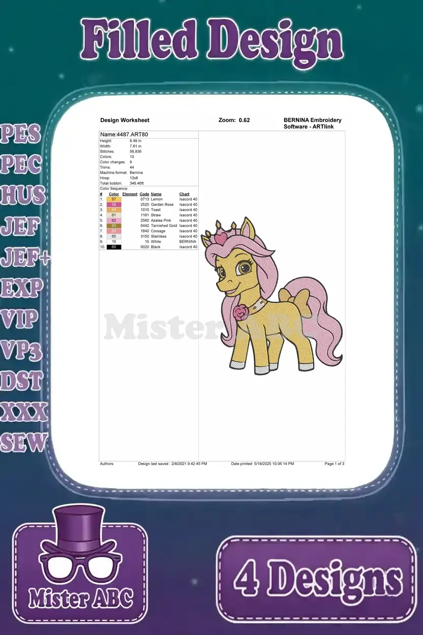 Detailed design worksheet for the right-facing crowned pony embroidery, showing stitch count, colors, and sequence.