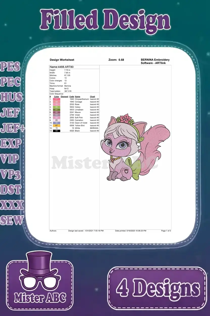 Comprehensive design worksheet for the adorable pink Palace Pet embroidery, including stitch count, colors, and sequence.