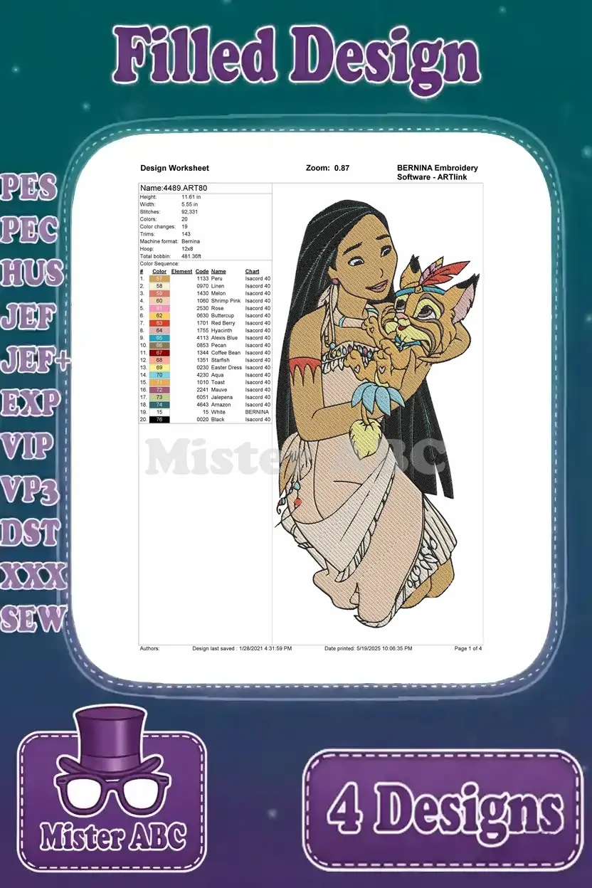 Detailed design worksheet for the Pocahontas and Meeko embroidery, showing stitch count, colors, and sequence.