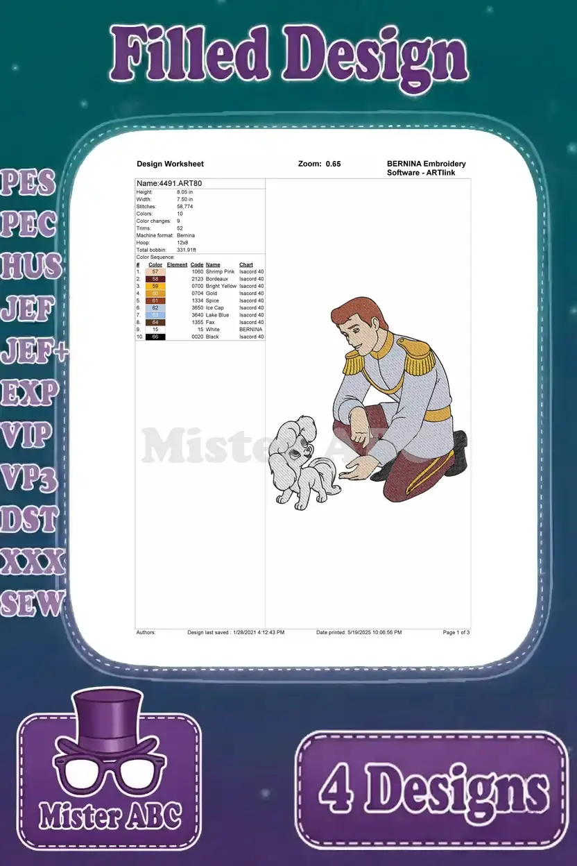 Design worksheet for Prince Charming kneeling with a poodle, detailing stitch count, color sequence, and design dimensions.