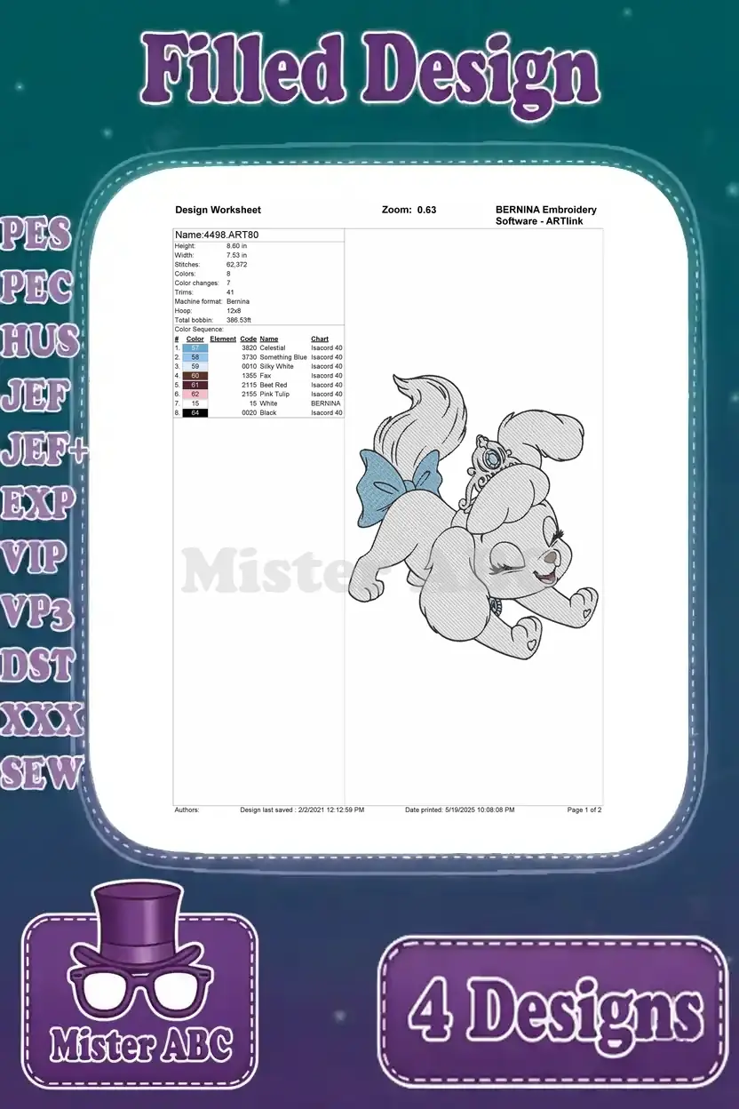 Detailed design worksheet for the first princess poodle puppy embroidery, showing stitch count, colors, and thread sequence.