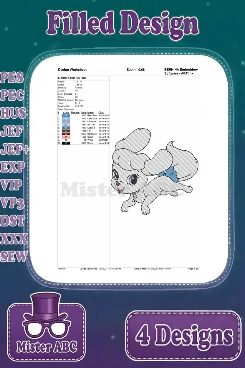 Detailed design worksheet for the second princess poodle puppy embroidery, showing stitch count, colors, and thread sequence.