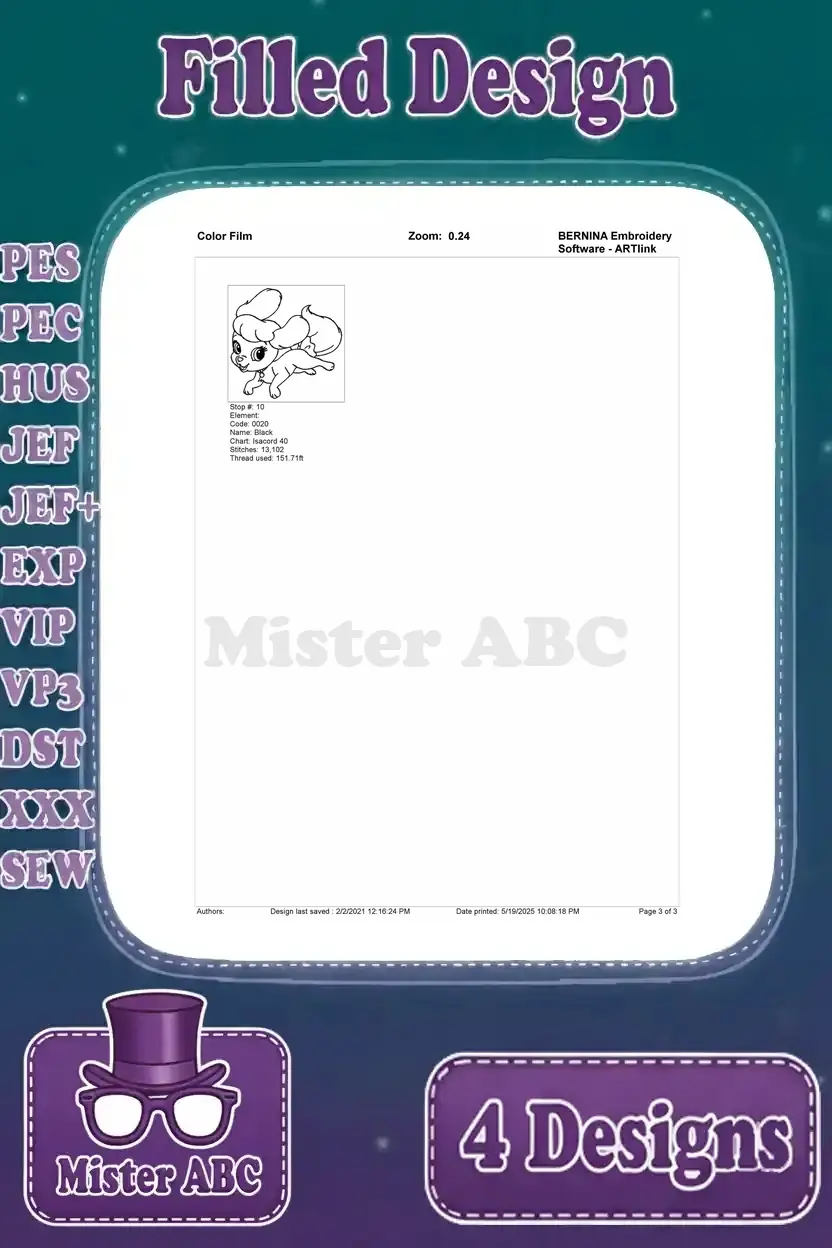 Second page of the color film breakdown for the second princess poodle puppy embroidery design, showing final stitches.