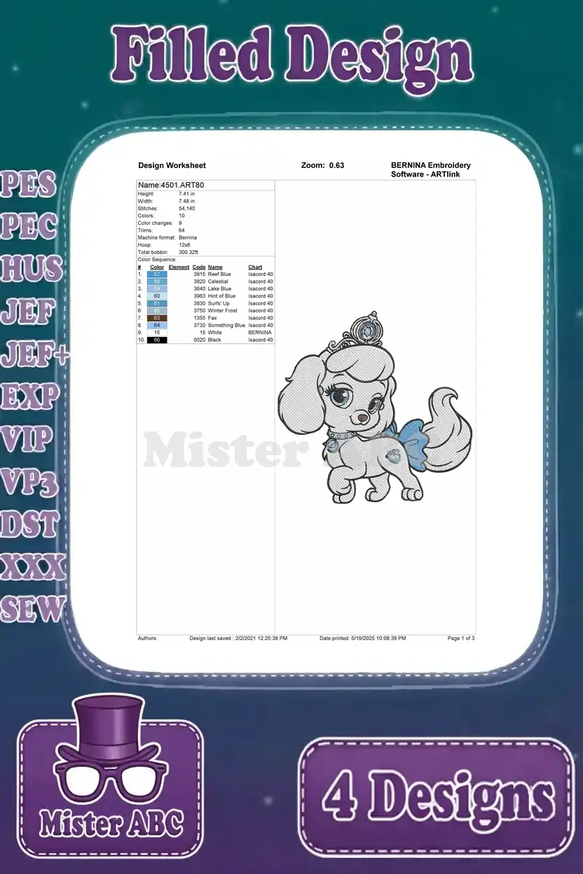 Detailed design worksheet for the fourth princess poodle puppy embroidery, showing stitch count, colors, and thread sequence.