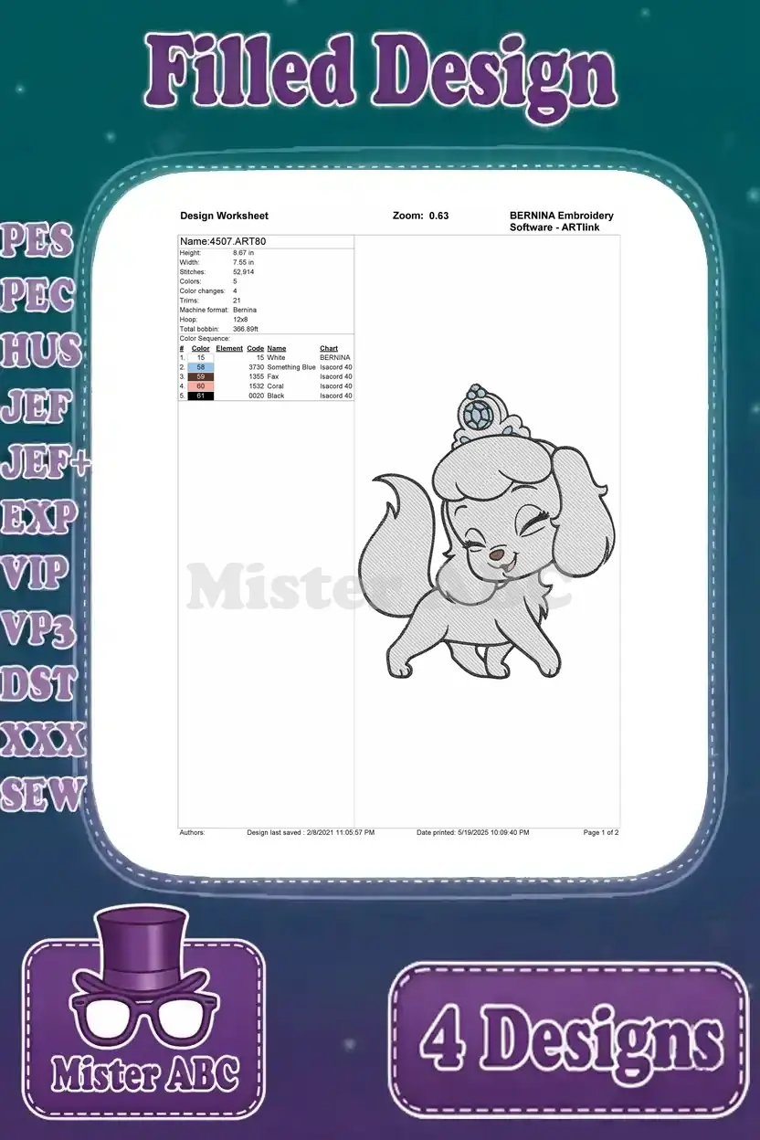 Embroidery design worksheet for a winking royal puppy with a crown, detailing stitch count, colors, and thread types.