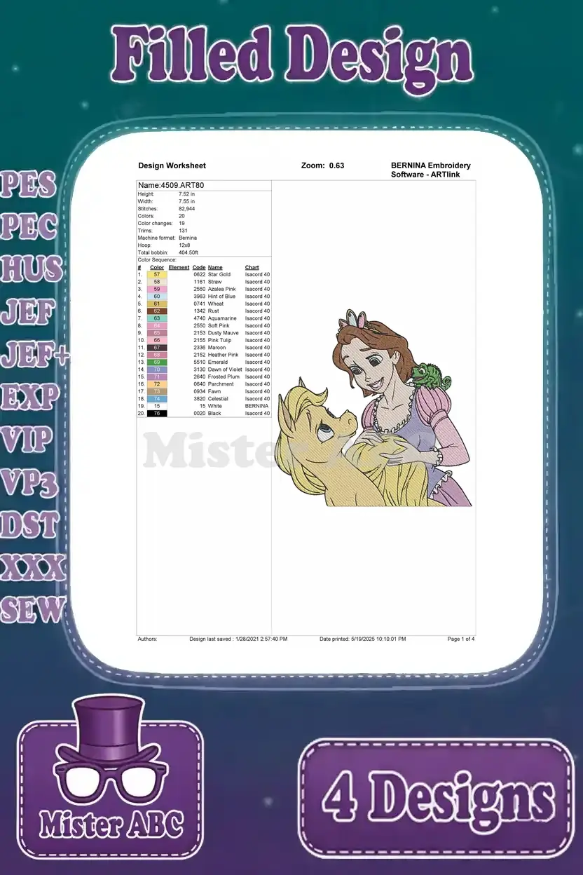 Embroidery worksheet for princess petting her horse, detailing stitch count, color changes, and thread specifications.