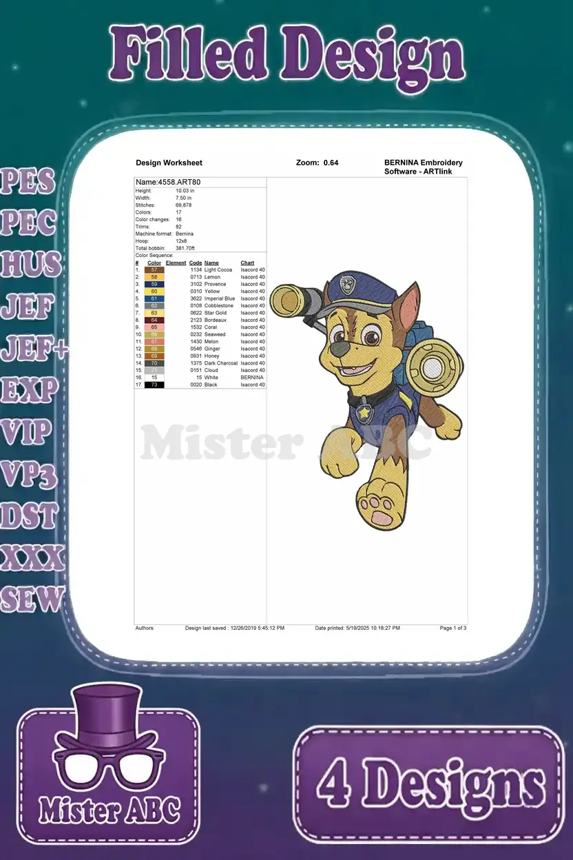 Detailed design worksheet for the first Chase embroidery design, showing thread colors and stitch count.