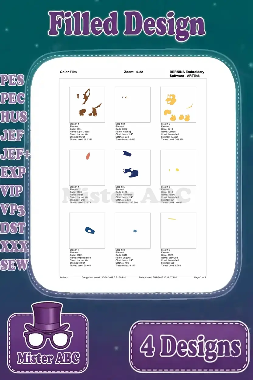 Color film breakdown for the second Chase embroidery design, showing individual color layers and stitch steps.