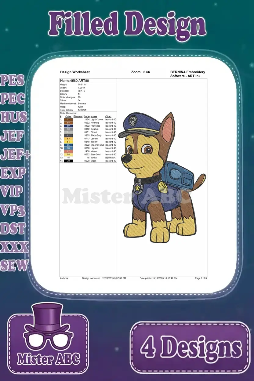 Detailed design worksheet for the third Chase embroidery design, showing thread colors and stitch count.