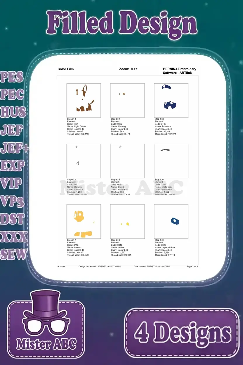 Color film breakdown for the third Chase embroidery design, showing individual color layers and stitch steps.