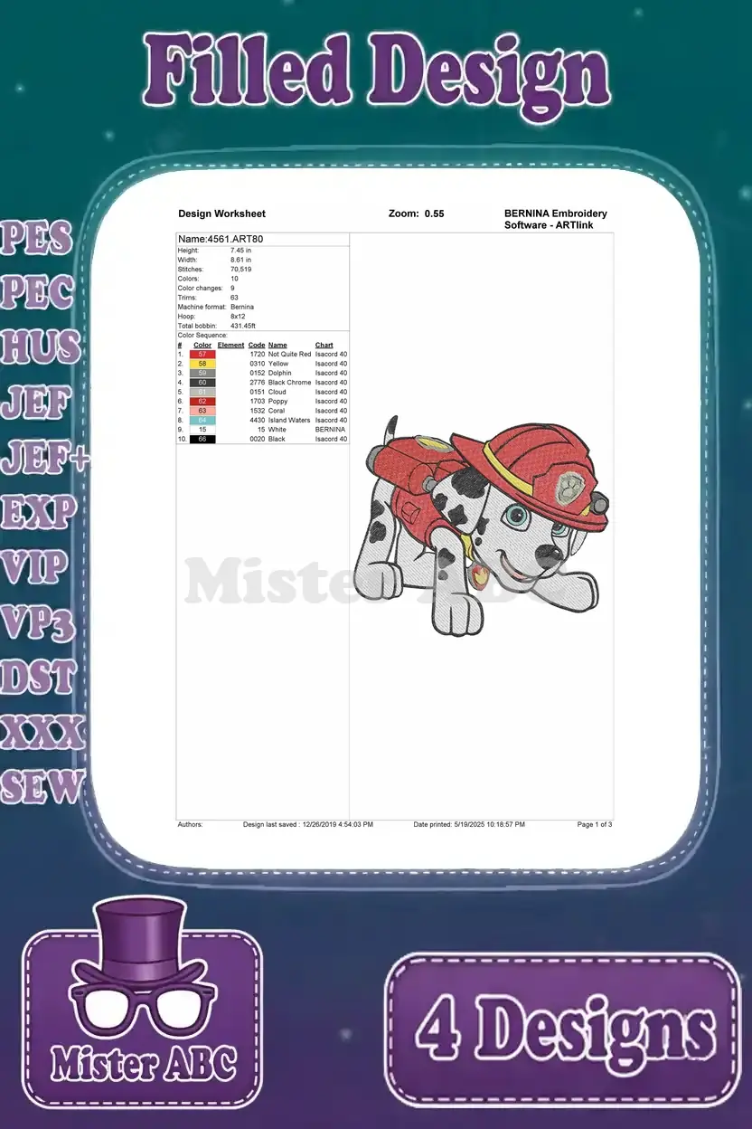 Detailed design worksheet for the Marshall embroidery design, showing thread colors and stitch count.