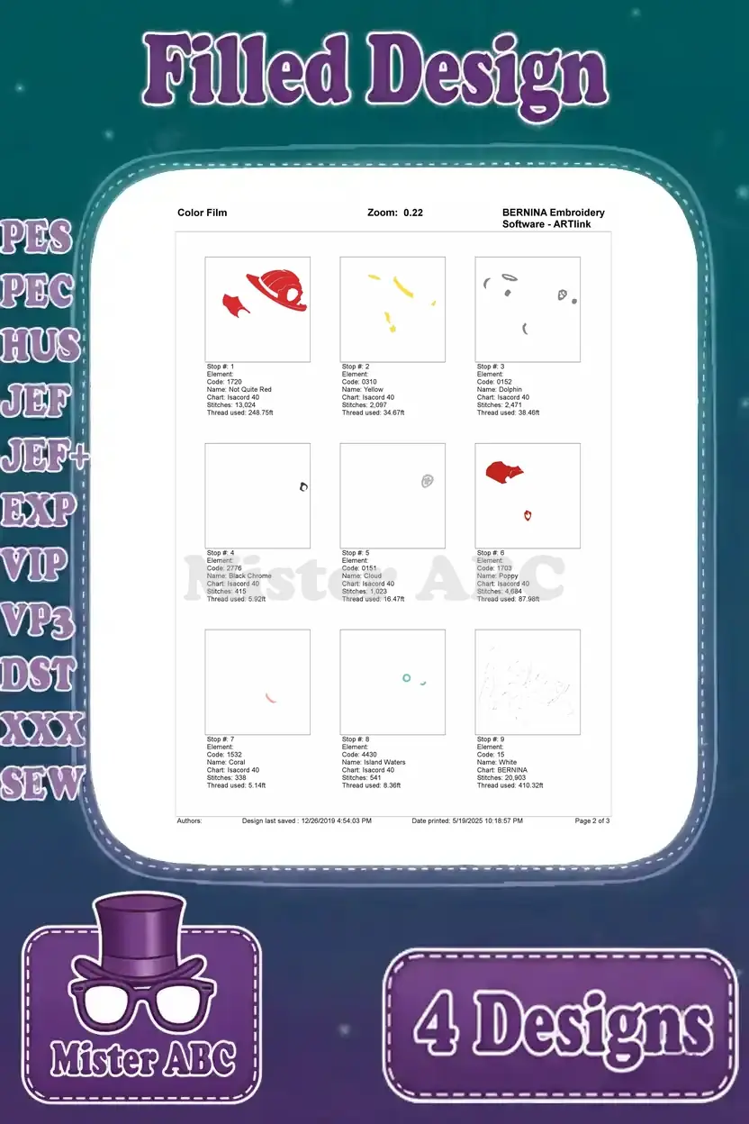 Color film breakdown for the Marshall embroidery design, showing individual color layers and stitch steps.