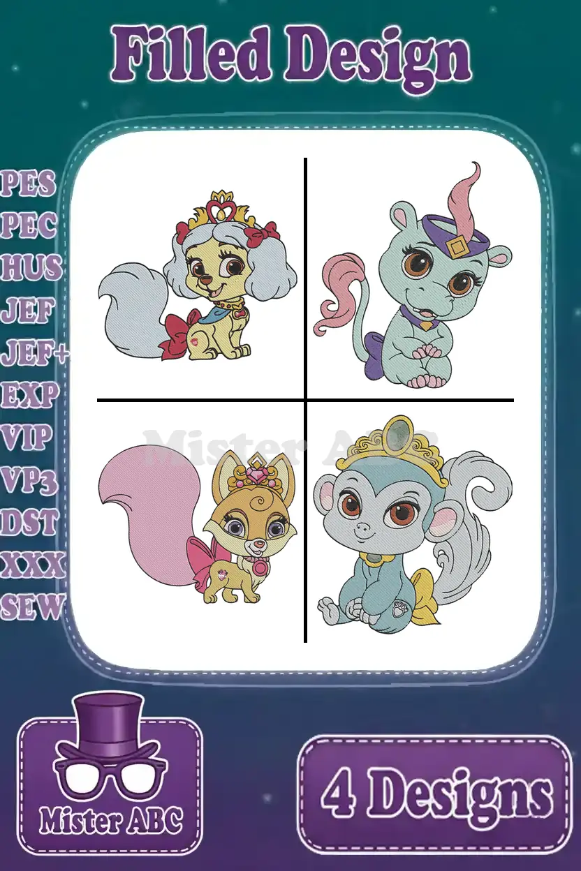 Four charming Palace Pets filled embroidery designs: a dog, unicorn-cat, squirrel, and monkey, with various format options.