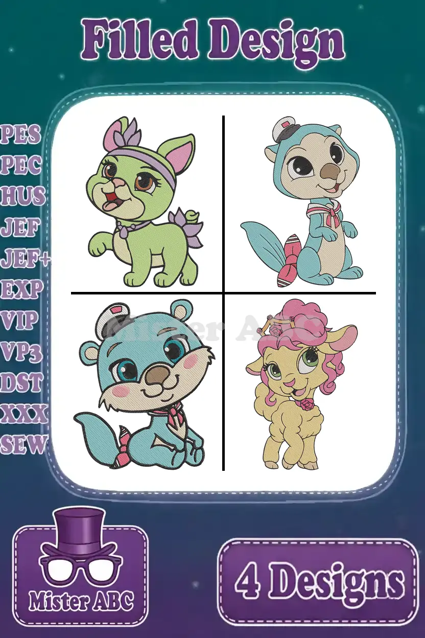 A vibrant collage showcasing four distinct, adorable cartoon animal filled embroidery designs: a puppy, squirrel, otter, and llama.