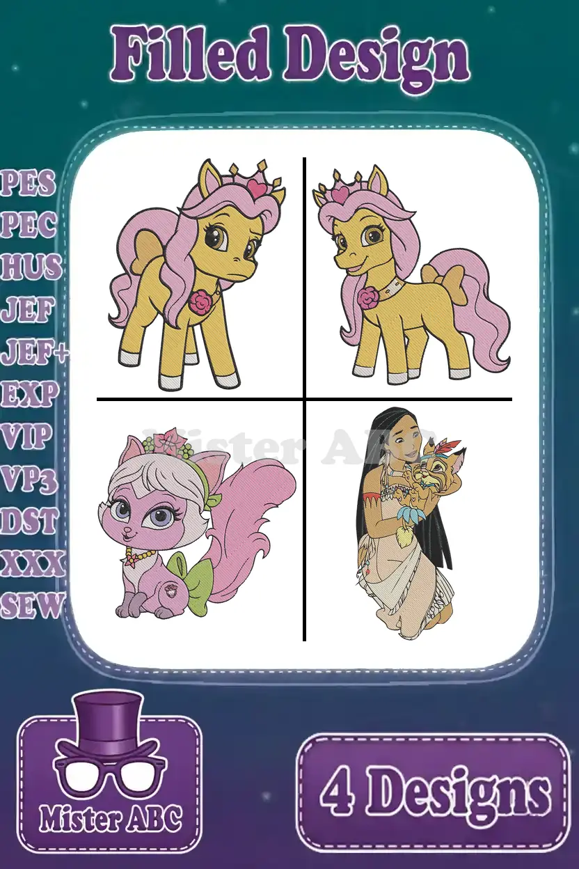 A vibrant display of four filled embroidery designs: two crowned ponies, a pink squirrel pet, and Pocahontas with Meeko.