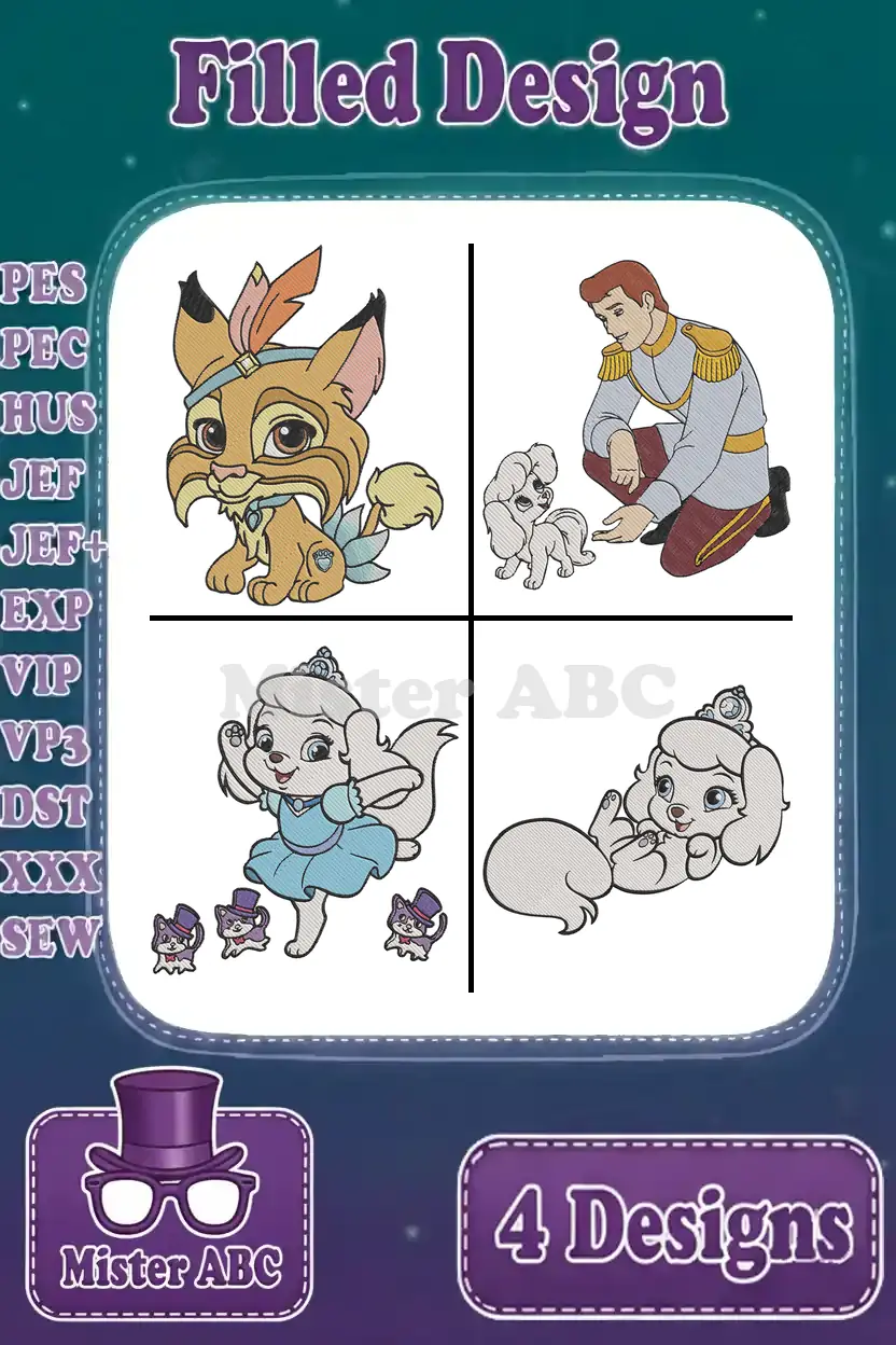 Four vibrant filled embroidery designs: a feathered lynx, Prince Charming with a poodle, and two poses of Cinderella's dog Pumpkin.