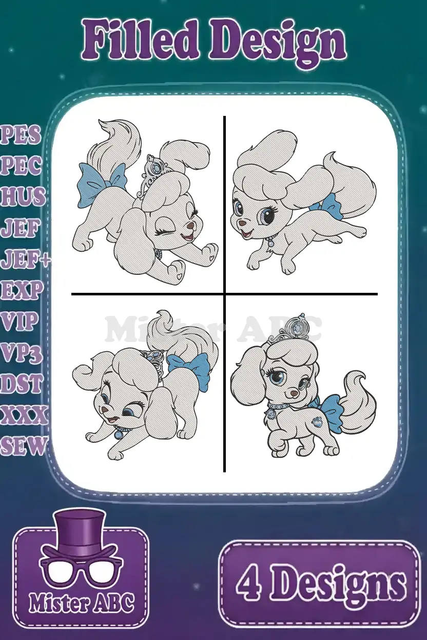 Four charming filled embroidery designs of a princess poodle puppy, each with a blue bow and tiara, in different poses.