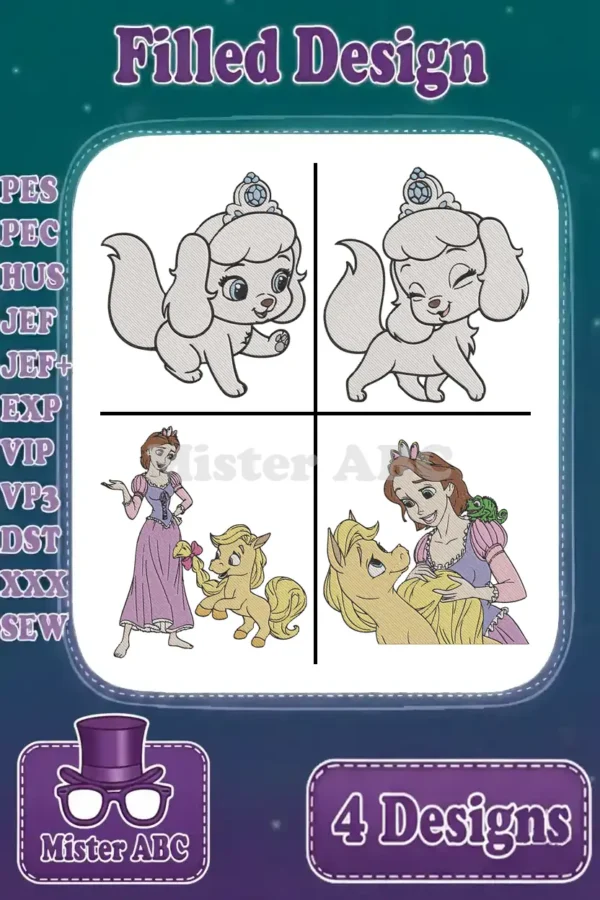 Four filled embroidery designs: two adorable royal puppies with crowns and two scenes of a princess with her horse.