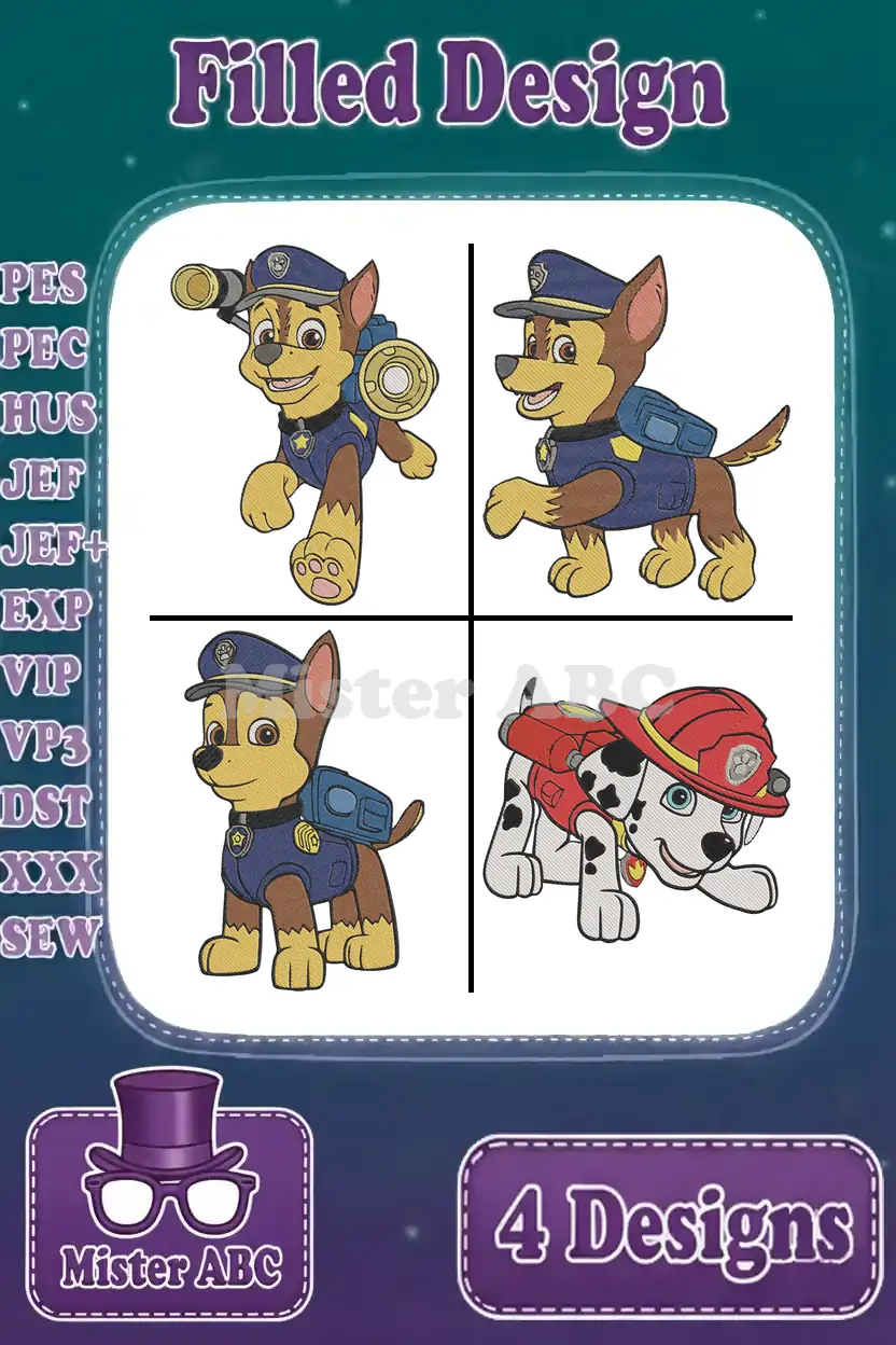 Four vibrant filled embroidery designs of Paw Patrol characters: three poses of Chase and one of Marshall.