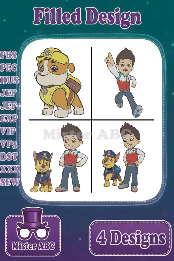 A vibrant Paw Patrol embroidery bundle featuring Rubble, Ryder, and Chase designs, ready for various projects.