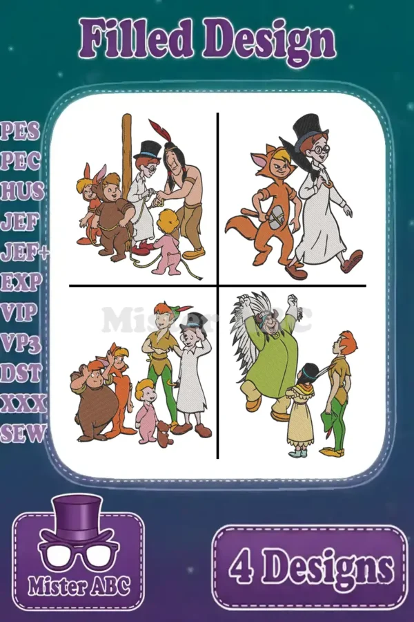 A vibrant collage of four Peter Pan themed filled embroidery designs, showcasing various characters and stitch formats.