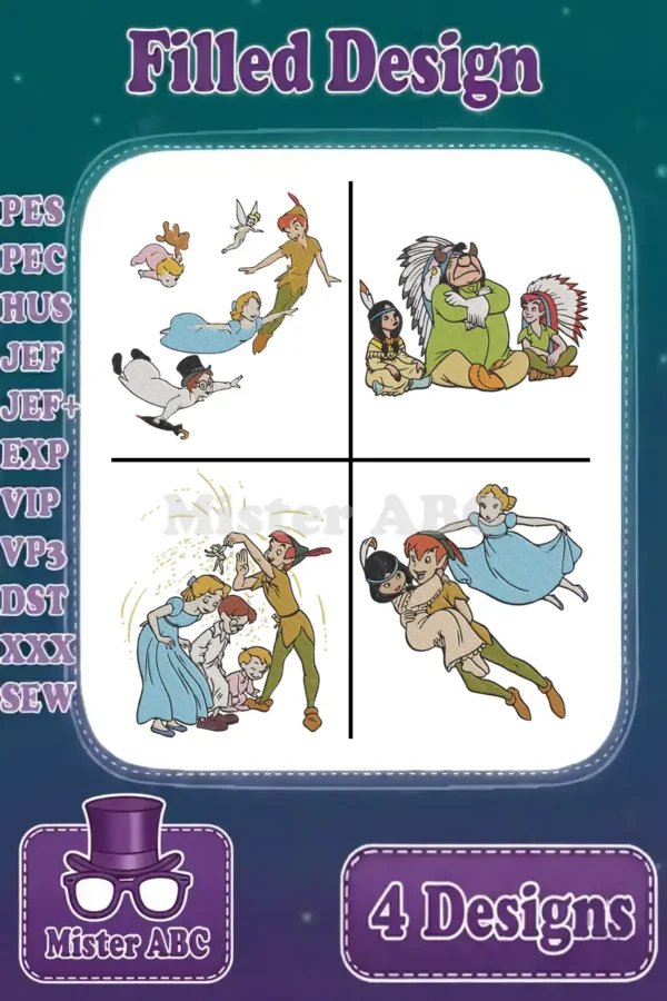 Four vibrant Peter Pan filled embroidery designs featuring flying scenes, tribal characters, and playful moments.