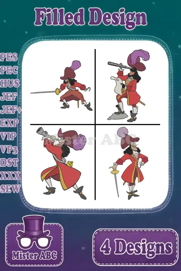 A vibrant collage of four distinct Captain Hook filled embroidery designs, ready for your next project.