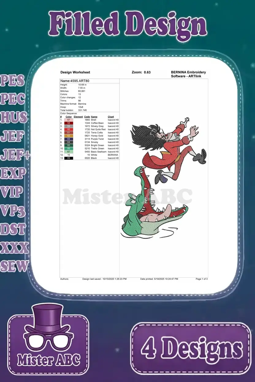 Detailed design worksheet for the Captain Hook and Crocodile filled embroidery, showing stitch count and color sequence.