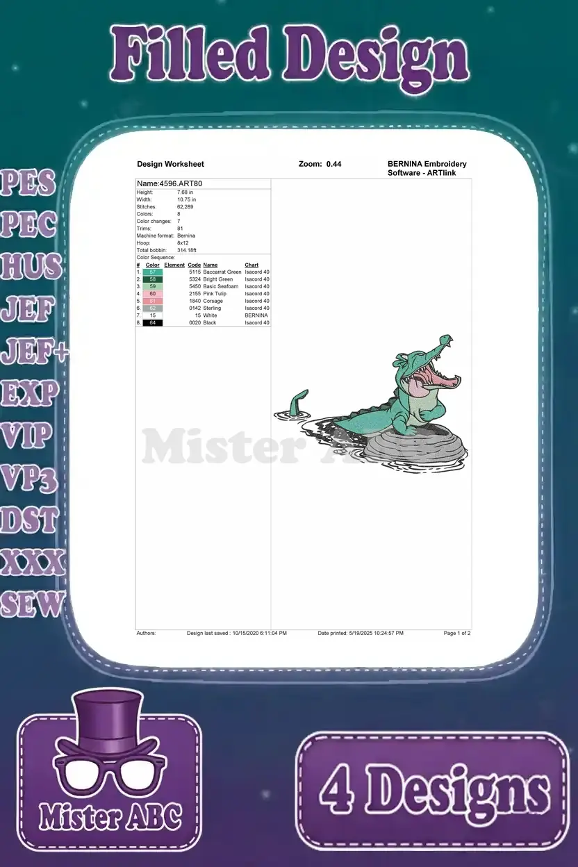 Design worksheet for the filled embroidery of the Crocodile emerging from water, detailing stitch count and colors.
