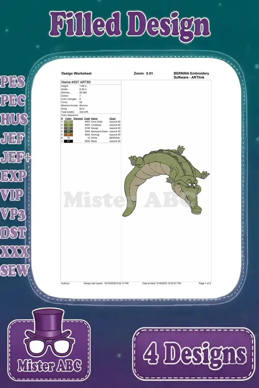 Design worksheet for the filled embroidery of the crawling Crocodile, showing stitch count and color details.