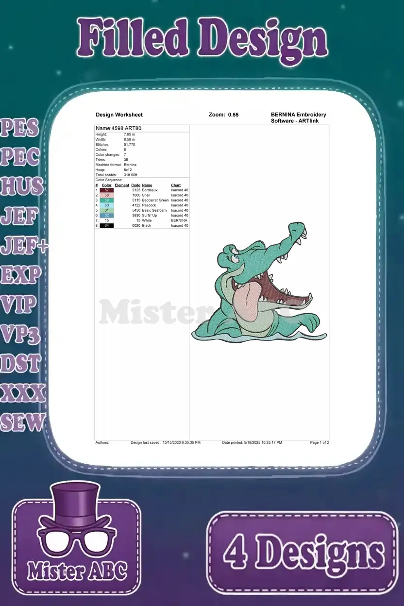 Design worksheet for the filled embroidery of the Crocodile with an open mouth, detailing stitches and colors.