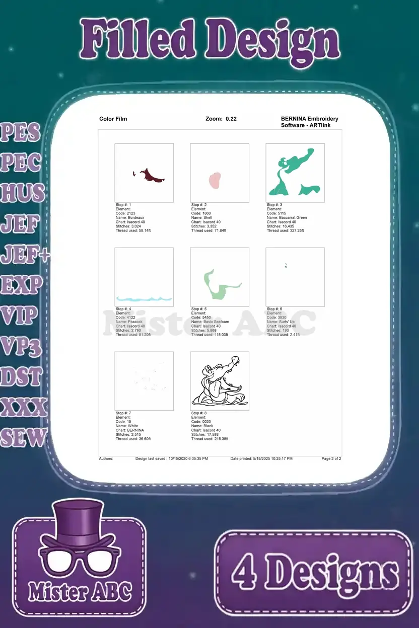 Color film for the filled embroidery of the Crocodile with an open mouth, illustrating the thread sequence.