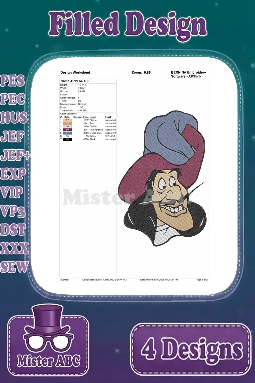 Embroidery design worksheet for Captain Hook, showing thread colors, stitch count, dimensions, and hoop size details.