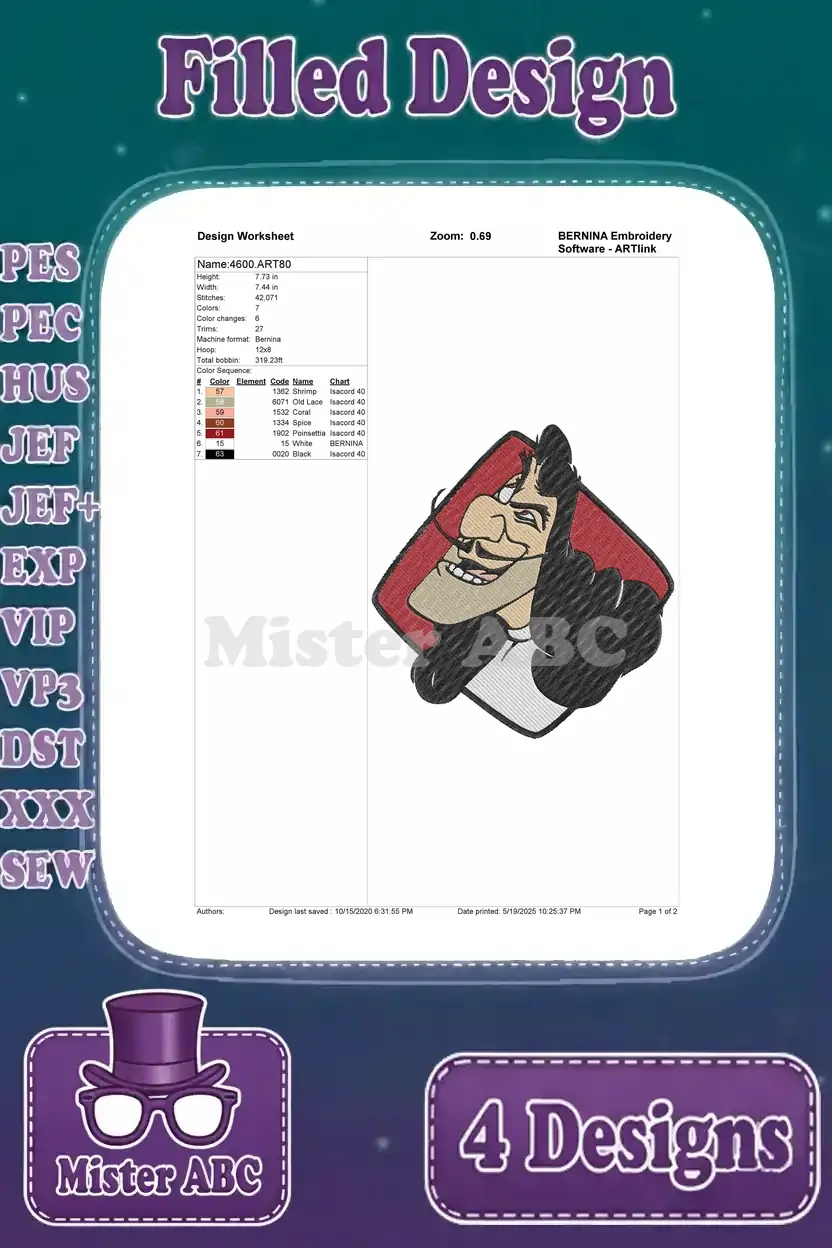 Embroidery design worksheet for the second Captain Hook pose, detailing stitch count, color changes, and dimensions.