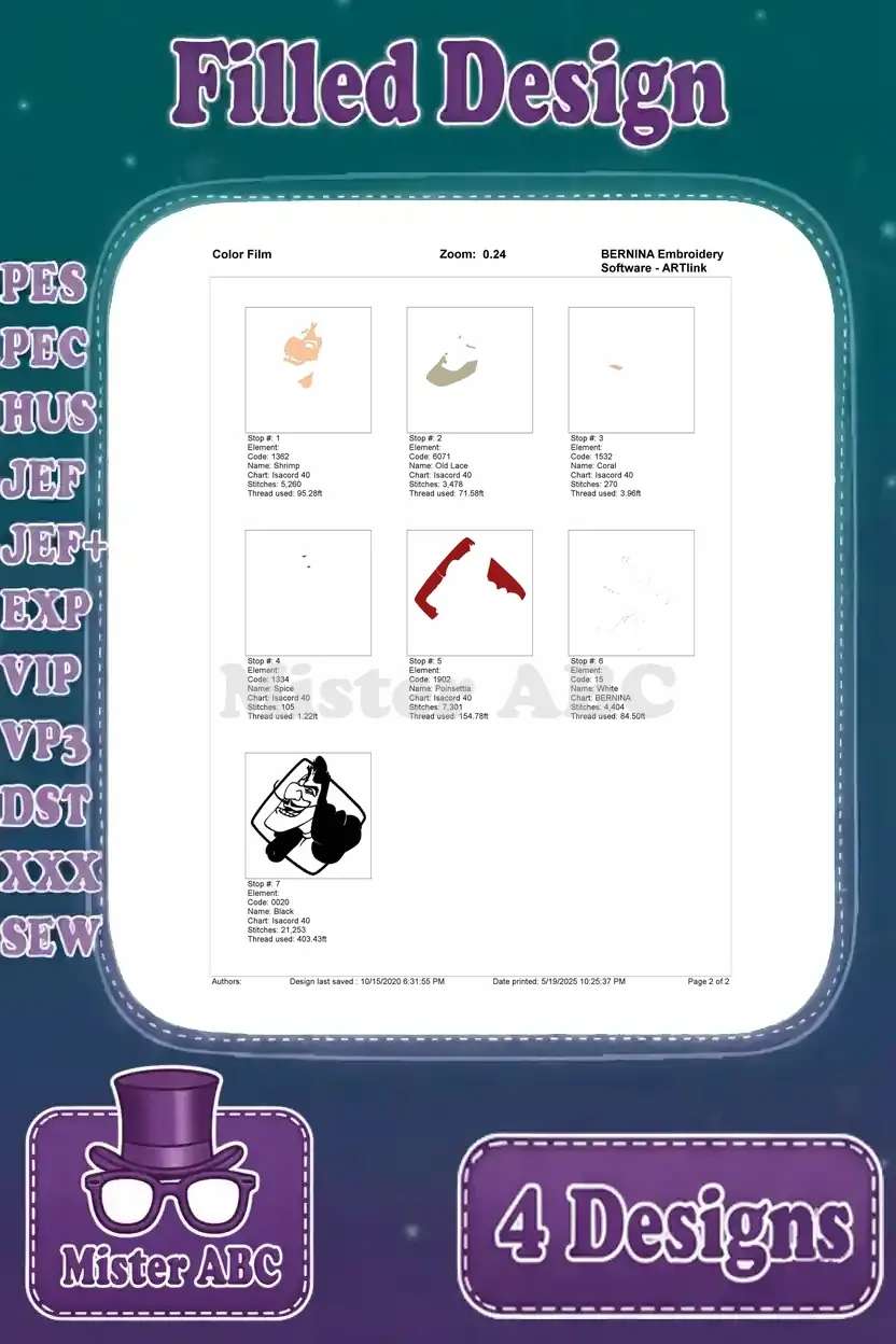 Color film breakdown for Captain Hook's second embroidery design, showing thread stops and the sequential stitching process.