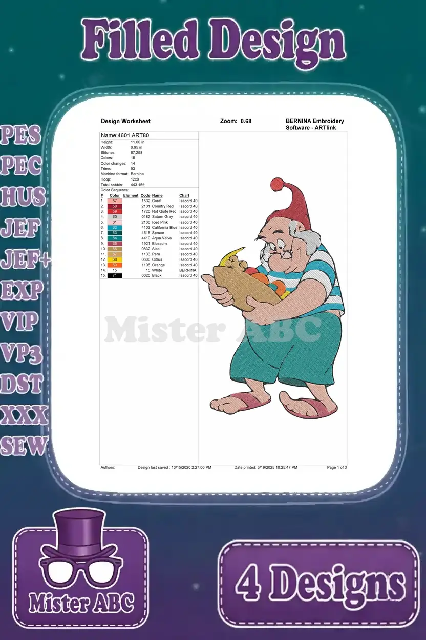 Embroidery design worksheet for Mr. Smee holding a basket, detailing stitch count, color information, and dimensions.