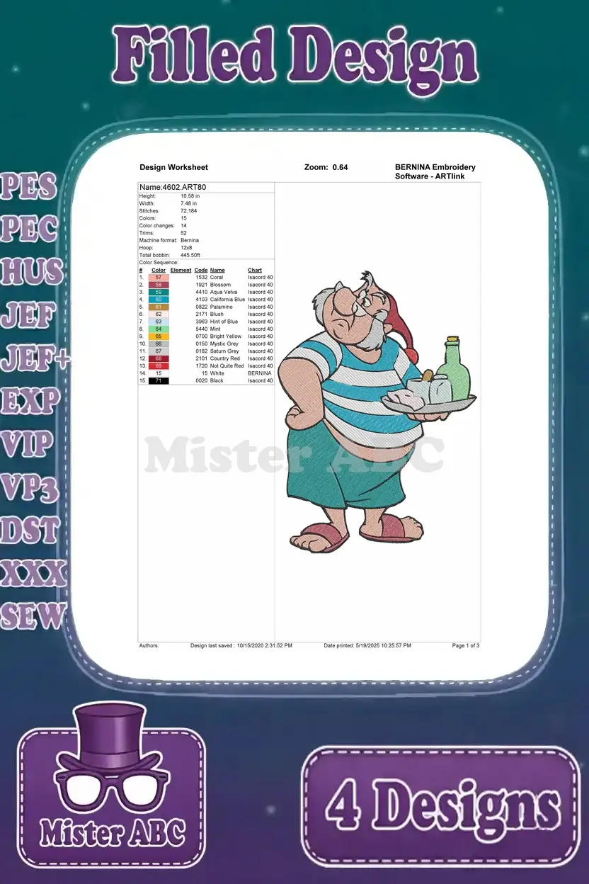 Embroidery design worksheet for Mr. Smee holding a tray with a bottle, detailing stitches, colors, and dimensions.