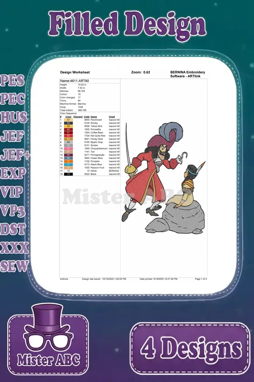 A detailed design worksheet for Captain Hook with sword and Tiger Lily, showing stitch count, colors, and sequence.