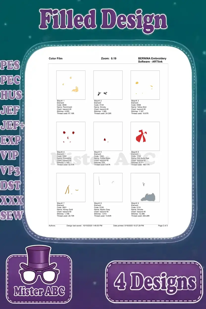 A color film preview for the Captain Hook and Tiger Lily embroidery design, showing thread application order.