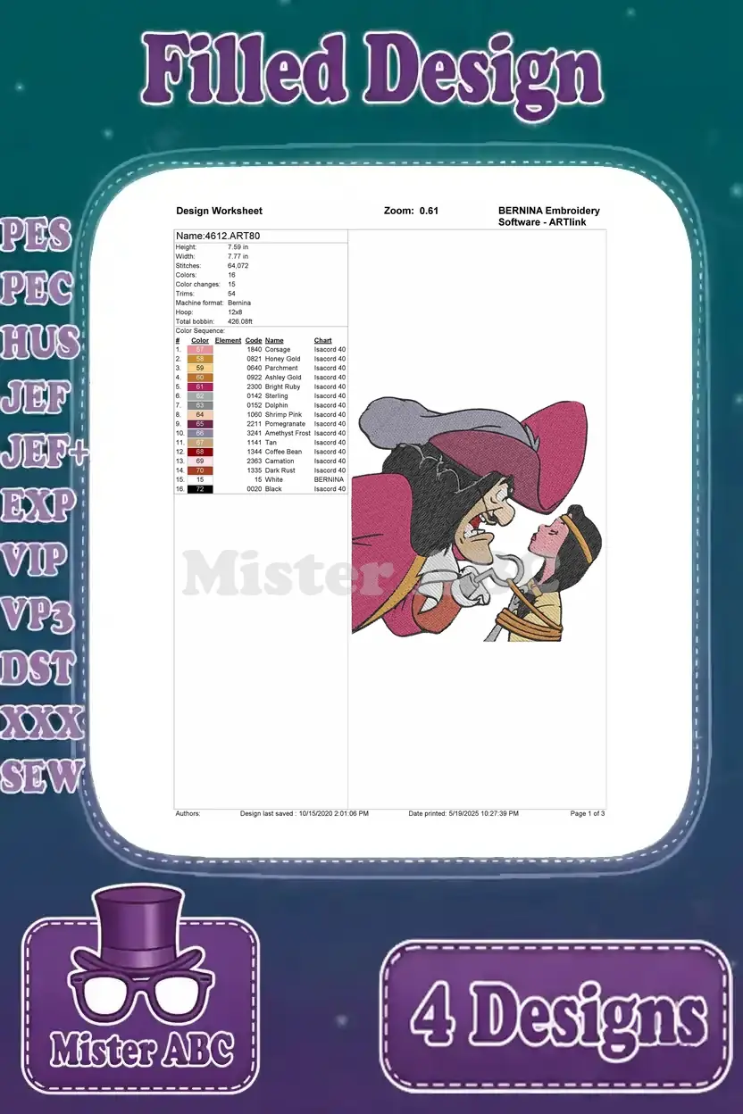 Design worksheet for Captain Hook leaning towards Tiger Lily, detailing stitch parameters and color palette.