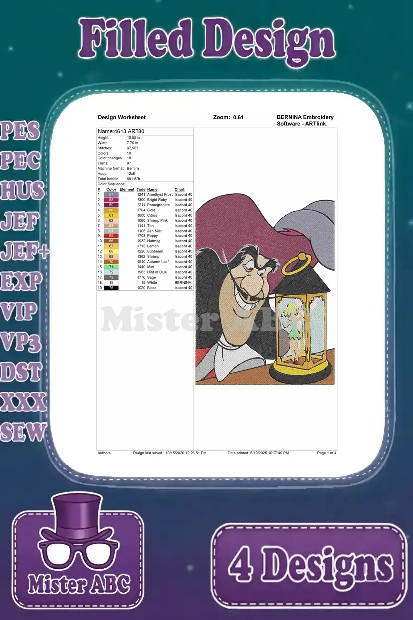 Design worksheet for Captain Hook holding a lantern with Tinker Bell inside, showing design specifications.