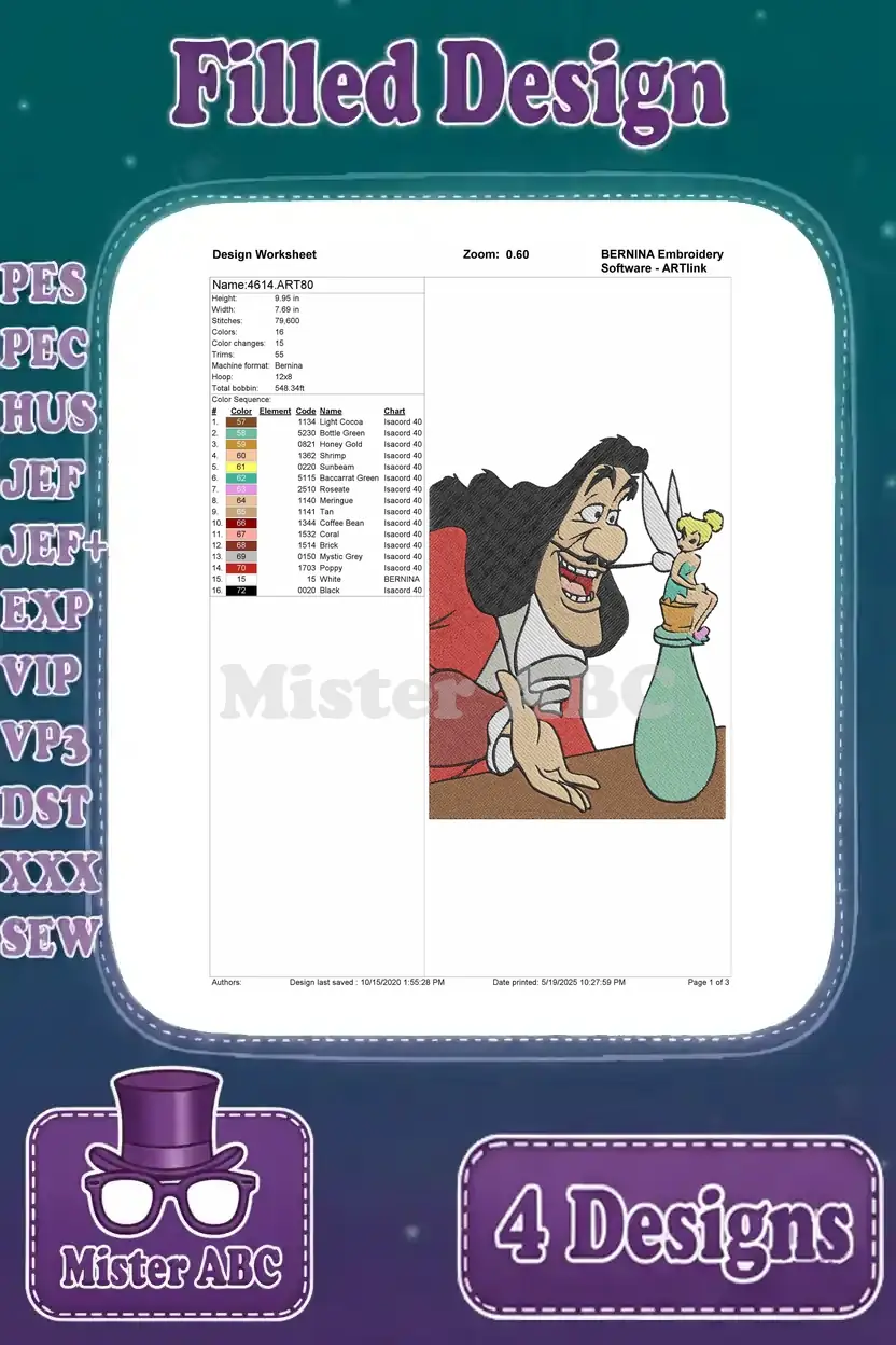 Design worksheet for Captain Hook with Tinker Bell on a bottle, detailing stitch count and colors.