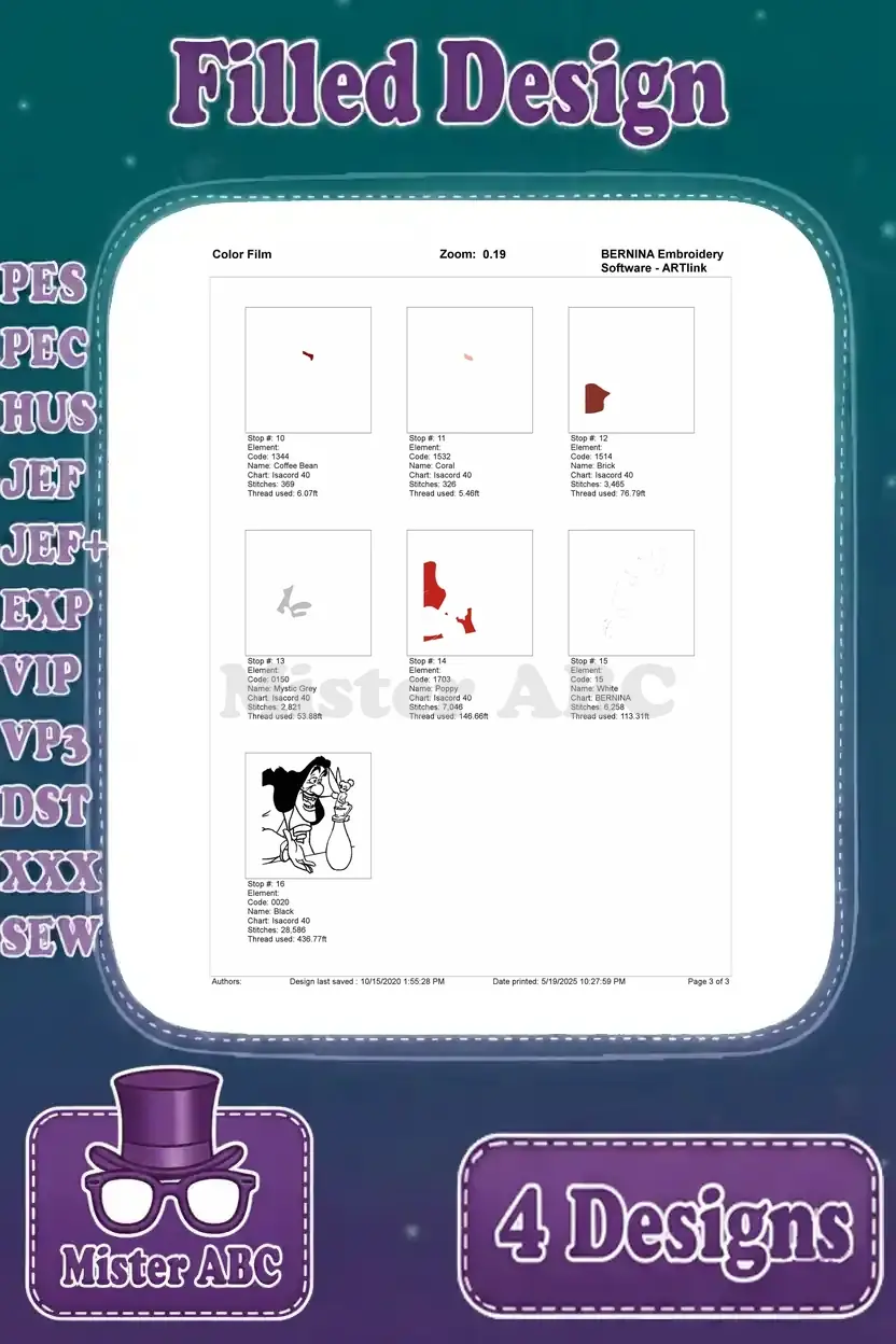 Final color film page for Captain Hook and Tinker Bell on a bottle, showing the remaining stitch details.