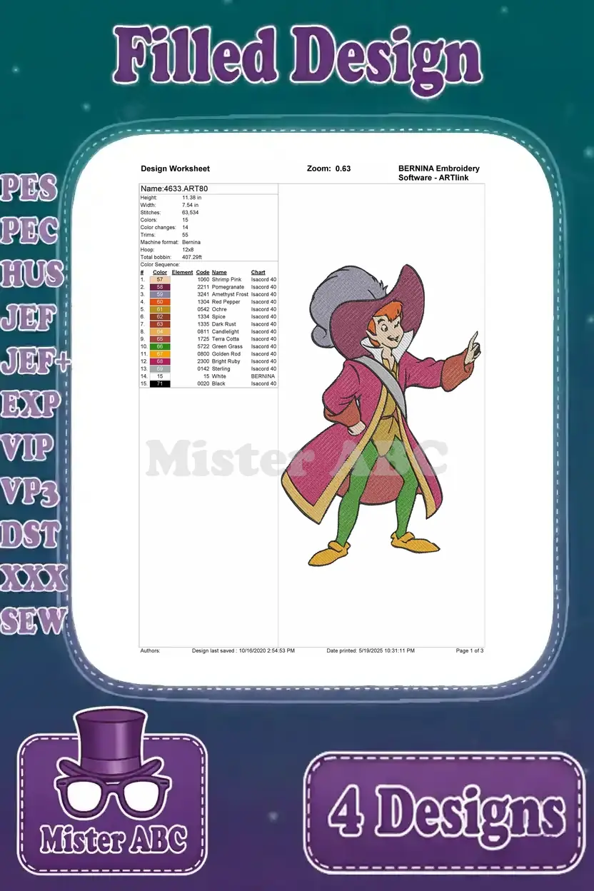 Detailed design worksheet for the first Captain Hook filled embroidery, showing stitch count, colors, and hoop size.